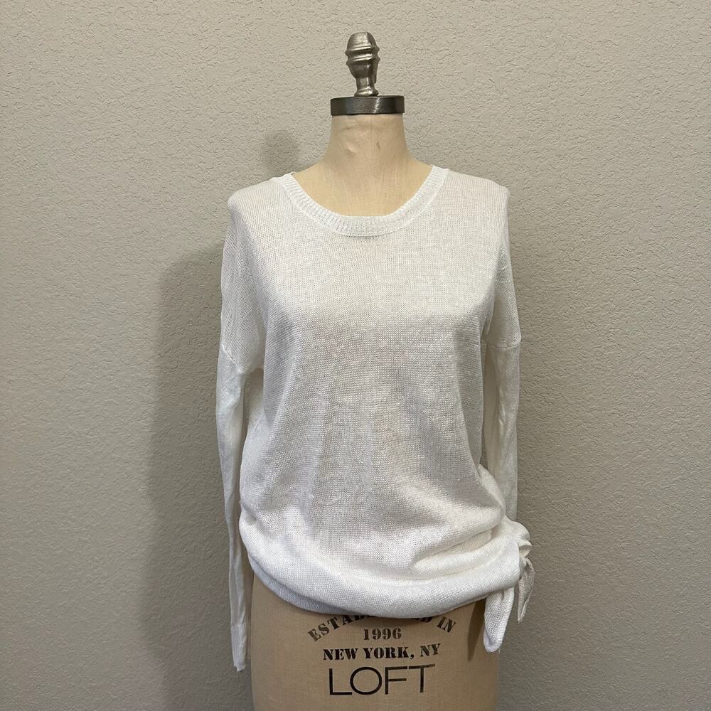 WHITE + WARREN Knotted Crew Neck Sweater White Linen LS Open Knit